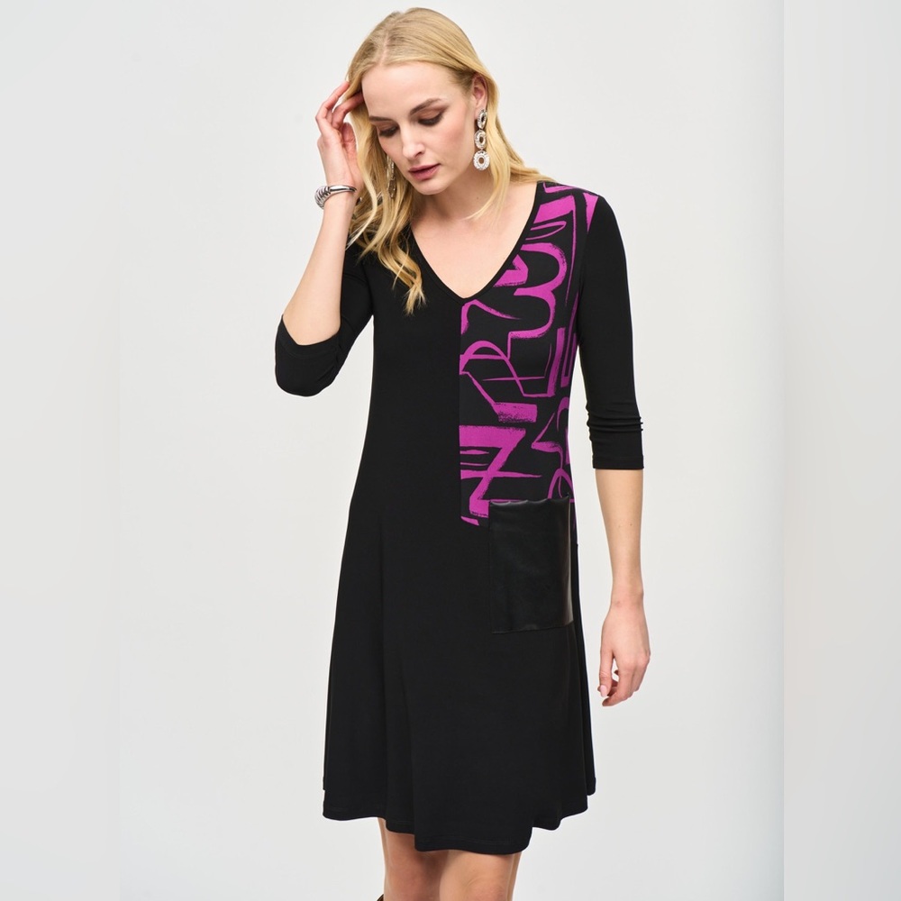 Joseph Ribkoff Black Empress Flare Dress Purple Leather‎ Pocket Size 8 Trapeze